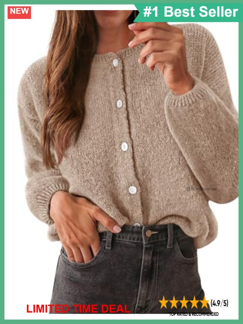 Women's Button Up Cardigan Long Sleeve Knit Sweater Loose Fit Crew Neck
